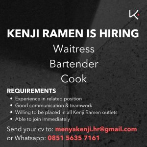 Lowongan Kerja Sebagai Waitress, Bartender, Cook untuk Kenji Ramen di Bali penempatan di Badung
