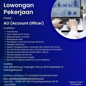 Lowongan Kerja Sebagai AO (Account Officer) untuk Koperasi Taman Sari Sedana penempatan di Badung