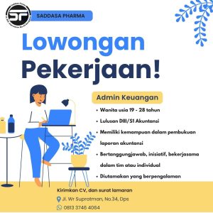 Lowongan Kerja Sebagai Admin Keuangan untuk Apotek Saddasa Pharma Penempatan di Denpasar