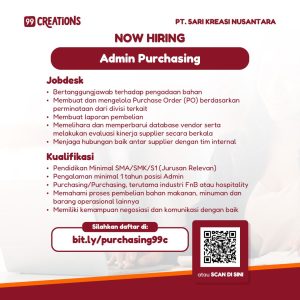 Lowongan Kerja Sebagai Admin Purchasing untuk 99 Creations Penempatan di Denpasar