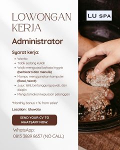 Lowongan Kerja Sebagai Administrator untuk LU SPA Penempatan di Uluwatu, Badung