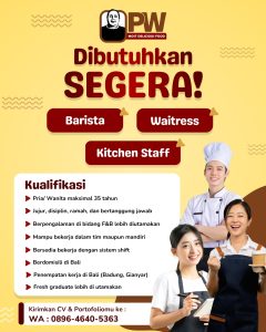 Lowongan Kerja Sebagai Barista, Waiterss, Kitchen Staff untuk PW Most Delicious Food Penempatan di Bali