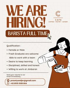 Lowongan Kerja Sebagai Barista untuk CAFE penempatan di Jimbaran, Badung