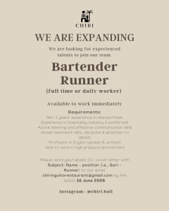 Lowongan Kerja Sebagai Bartender, Runner untuk Chiri Bali Penempatan di Badung
