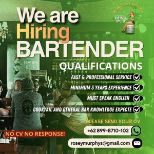 Lowongan Kerja Sebagai Bartender untuk Rosey Murphy’s Penempatan di Seminyak