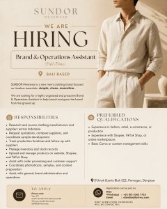 Lowongan Kerja Sebagai Brand & Operations Assistant untuk Menswear Penempatan di Denpasar