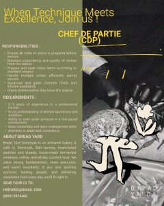 Lowongan Kerja Sebagai Chef De Partie (CDP), Sous Chef untuk Bread Yard Penempatan di Badung
