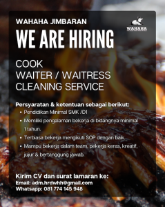 Lowongan Kerja Sebagai Cook, Waiter/ss, Cleaning Service untuk WAHAHA Jimbaran Penempatan di Badung