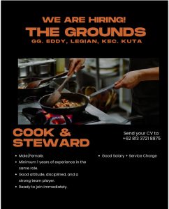 Lowongan Kerja Sebagai Cook dan Steward untuk The Grounds Penempatan di Legian, Badung