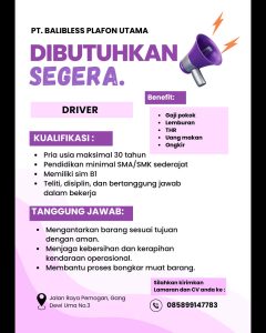 Lowongan Kerja Sebagai Driver, Sales Marketing untuk PT. Balibless Plafon Utama Penempatan di Pemogan, Denpasar