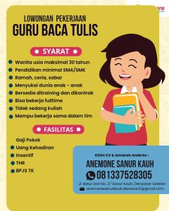 Lowongan Kerja Sebagai Guru Baca Tulis untuk Anemone Sanur Kauh Penempatan di Denpasar