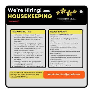 Lowongan Kerja Sebagai Housekeeping untuk The Catur Villa Penempatan di Seminyak, Badung
