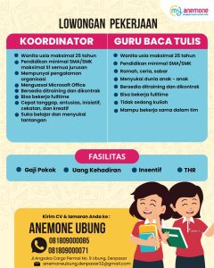 Lowongan Kerja Sebagai Koordinator, Guru Baca Tulis untuk Anemone Ubung Penempatan di Denpasar