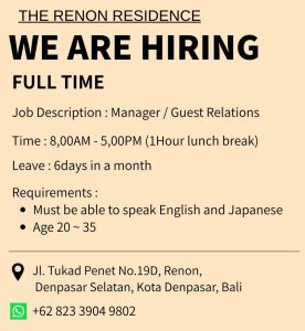 Lowongan Kerja Sebagai Manager / Guest Relations untuk The Renon Residence Penempatan di Denpasar