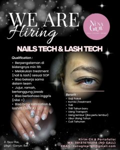 Lowongan Kerja Sebagai Nails Tech & Lash Tech untuk Nuna Glow Penempatan di Ubud, Gianyar