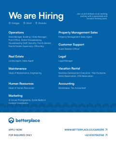 Lowongan Kerja Sebagai Operations, Real Estate, Maintenance, Human Resources, Marketing, Dll untuk Betterplace Penempatan di Bali