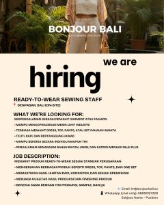 Lowongan Kerja Sebagai Penjahit Garment, Penjahit Swimwear & Bikini, Quality Control  untuk Bonjur Bali Penempatan di Denpasar