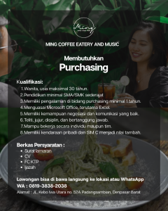 Lowongan Kerja Sebagai Purchasing untuk Ming Coffee Eatery and Music Penempatan di Denpasar
