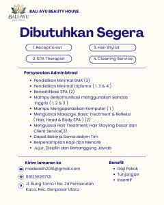 Lowongan Kerja Sebagai Receptionist, Spa Therapist, Hair Stylist, Cleaning Service untuk Bali Ayu Beauty House penempatan di Denpasar