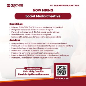 Lowongan Kerja Sebagai Social Media Creative untuk 99 Creations Penempatan di Denpasar