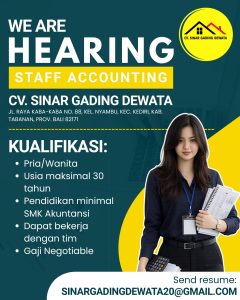 Lowongan Kerja Sebagai Staff Accounting untuk CV. Sinar Gading Dewata Penempatan di Tabanan