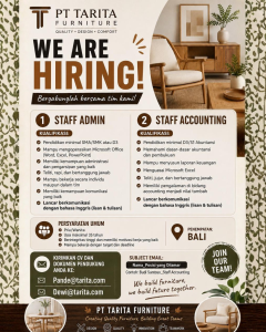 Lowongan Kerja Sebagai Staff Admin, Accounting untuk PT Tarita Furniture Penempatan di Badung