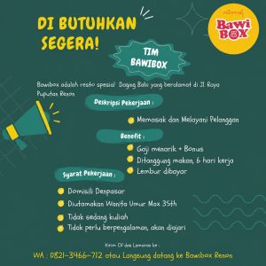 Lowongan Kerja Sebagai Team Bawibox untuk Bawibox Renon Penempatan di Denpasar