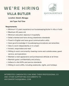Lowongan Kerja Sebagai Villa Butler untuk Anyon Heritage Penempatan di Badung