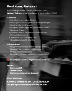 Lowongan Kerja Sebagai Waiter / Waitress untuk Kendi Kuning Restaurant Penempatan di Seminyak
