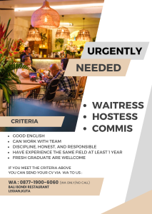 Lowongan Kerja Sebagai Waitress, Hostess, Commis untuk Bali Bondi Restaurant penempatan di Legian, Badung