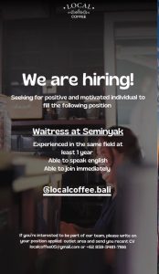 Lowongan Kerja Sebagai Waitress untuk penempatan di LOCAL Coffee Penempatan di Seminyak, Badung